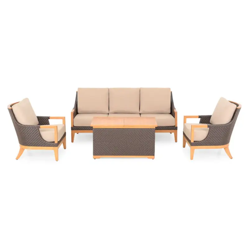 Ofertă de sezon PRESCOTT Set mobilier terasă/grădină 2 fotolii, canapea și măsuță cu șemineu gaz