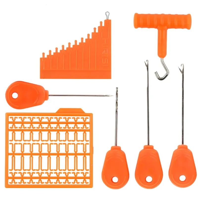 Livrare rapidă Kit Complet Crosete + Burghiu + Intinzator + Opritoare+Dispozitiv Legat Bucle Pescuit Nonstop, 7 piese/blister