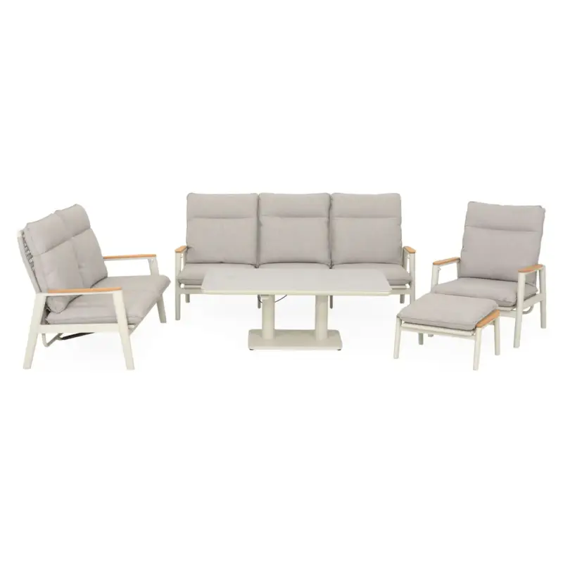 Disponibil imediat PERUGIA Set mobilier terasă/grădină, 2 fotolii, canapea, taburet și masă
