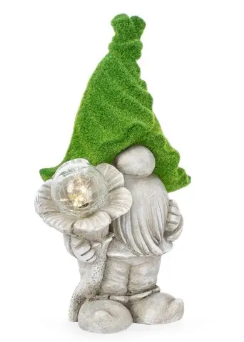 Decoratiune luminoasa de gradina cu incarcare solara LED Flower Gnome, Bizzotto, 28x20x46 cm, magneziu, verde Premium