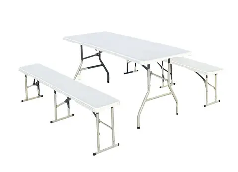 Retur ușor Set camping/picnic Heinner, 180x70x74 cm/182x28x43 cm, pliabil, otel/HDPE plastic, alb