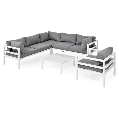 Preferatul clienților Set mobilier pentru exterior, 5 piese Madrid, 220x220x74 cm, aluminiu/poliester, alb/gri