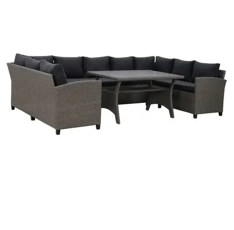 Cel mai vândut Set coltar de gradina/terasa 4 piese, cu spatiu de depozitare Baxter, 165x67x73 cm/ 120x82x67 cm, otel/ratan, gri/negru