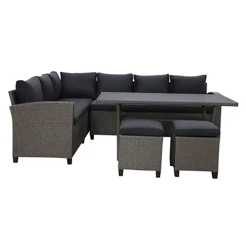 Nu rata Set coltar de gradina/terasa 5 piese, cu spatiu de depozitare Baxter, 179x67x73 cm/ 145x74x67 cm, otel/poliester, gri/negru