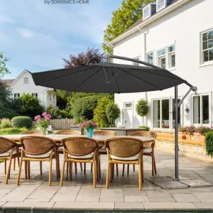 Umbrela pentru gradina cu picior lateral si iluminare LED solara, Songmics, 300 cm, protectie UV 50+, gri Noutate