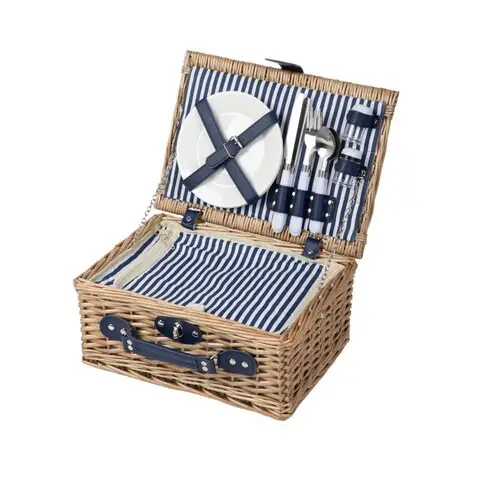 Comandă acum Cos de picnic 2 persoane Lorenzo, Homla, 38x26x16 cm, rachita/inox, natur/albastru