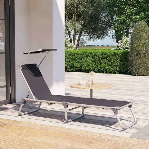 Ofertă de sezon Sezlong pliabil cu parasolar, Songmics, 55x193x31 cm, max 150 kg, aluminiu/tesatura sintetica, gri