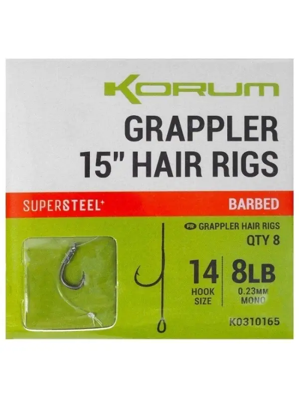 Korum Set Riguri, Grappler Hair Rigs, 15" Barbed, 8 buc/plic Ultima șansă