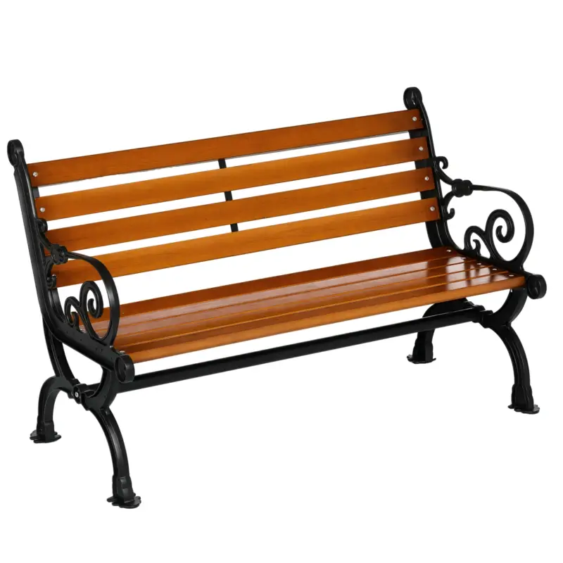 Outsunny Bancă de Exterior cu Cadru din Aluminiu, Scaun cu Două Locuri cu Cotieră Curbată, Șezut și Spătar din Lemn, 120x64x79 cm, Tec Ofertă specială