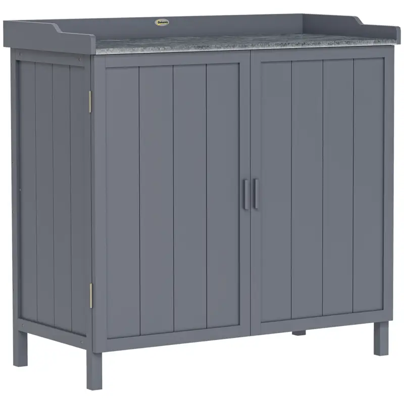 Outsunny Dulap de Exterior din Lemn cu Suprafață din Metal și 2 Rafturi pentru Unelte, 98x48x95,5 cm, Gri Noutate