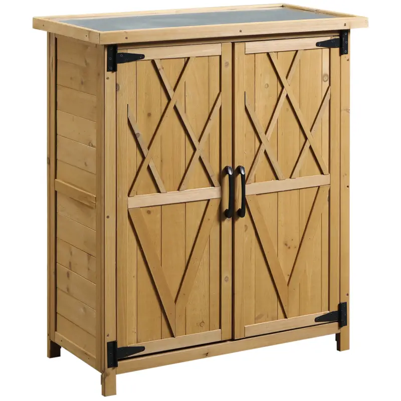 Outsunny Dulap de Grădină pentru Unelte din Lemn cu 2 Uși și 4 Rafturi, Blat din Metal, 75x40x90 cm Reducere extra