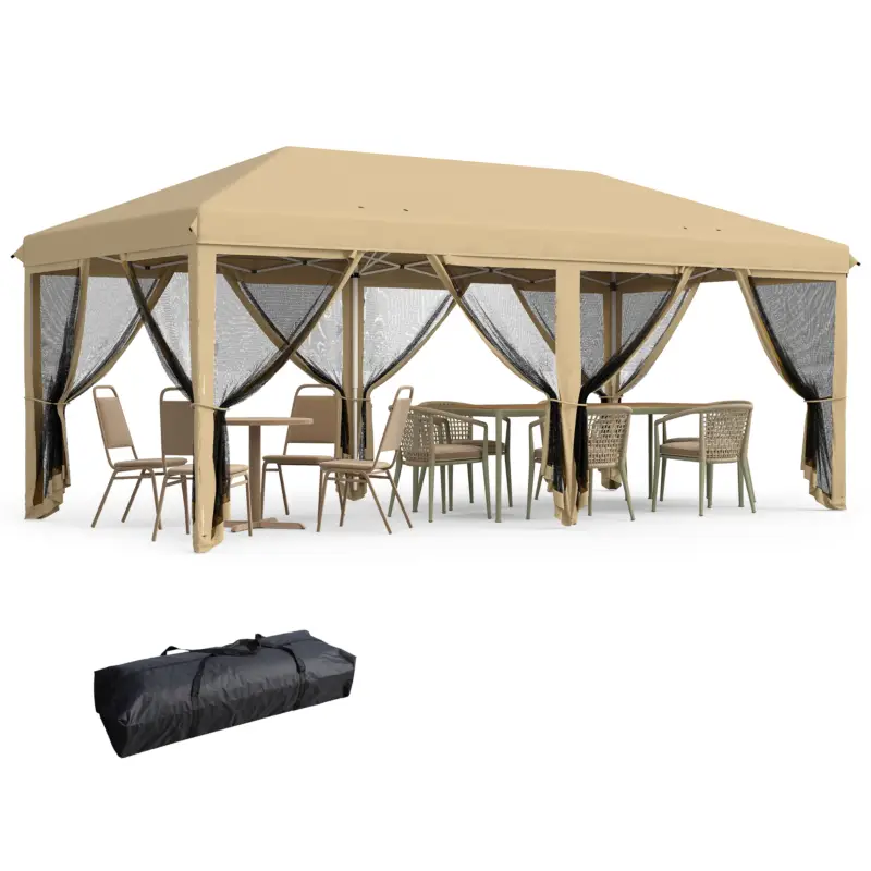 Outsunny Baldachin Pop-Up cu Plasă, Cort pentru Petreceri cu Geantă de Transport pentru Exterior, 585x295x270 cm, Bej Preț mic