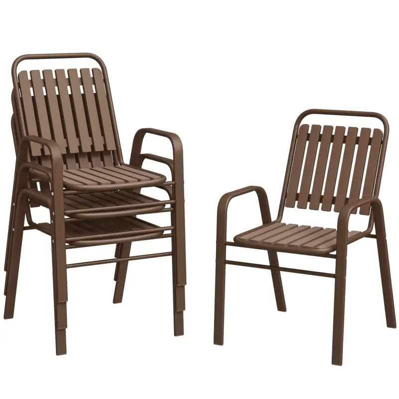Outsunny Set 4 Scaune de Exterior Stivuibile cu Spătar Înalt și Brațe, din Oțel și PP, 56x66x91 cm, Maro Închis Ofertă