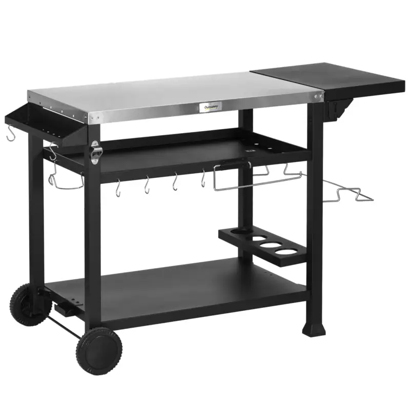 Preț mic Outsunny Cărucior pentru grătar cu masă pliabilă din oțel inoxidabil, 2 roți și accesorii, 125x65x84 cm, negru