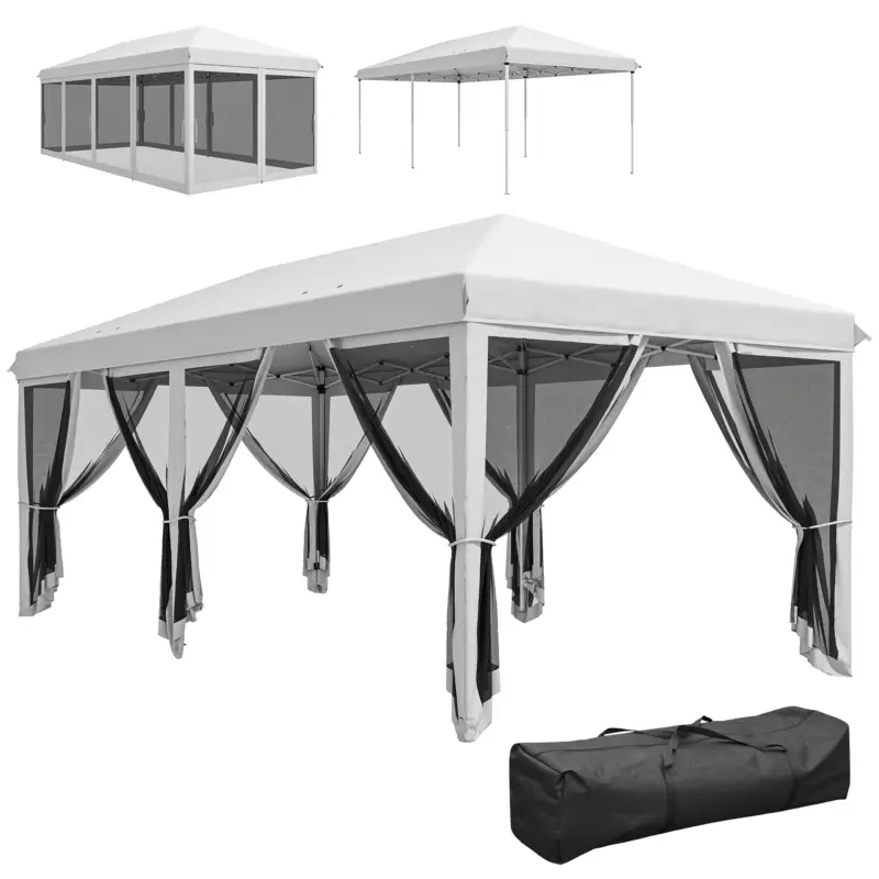 Nu rata Outsunny Foisor Pliabil cu 6 Perdele Plasa de Tantari, Foisor de Gradina cu Structura din Otel, 585x295x270cm, Alb Crem