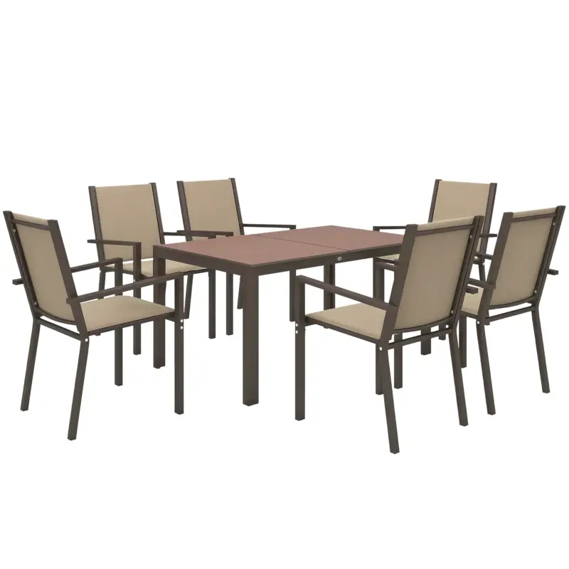 Reducere specială Outsunny Set de Grădină din 7 Piese cu Masă din Plastic-Lemn și 6 Fotolii Stivuibile cu Șezut și Spătar, 150x90x73 cm, Maro
