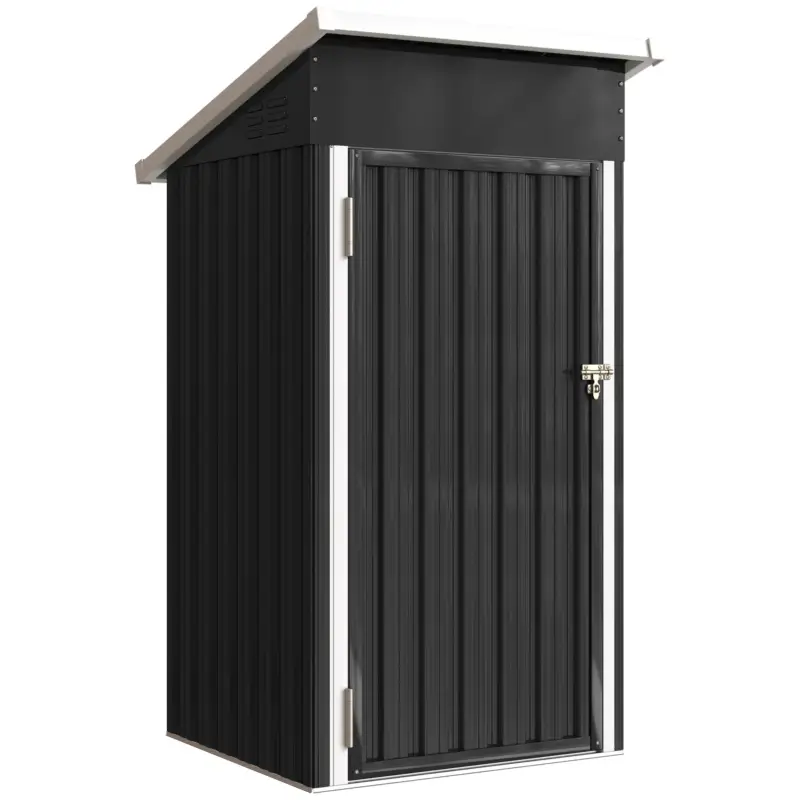 Ofertă specială Outsunny Magazie de Grădină 0,74m² din Oțel Galvanizat cu Guri de Aerisire, Magazie cu Ușă Blocabilă, Acoperiș Înclinat, Mănuși, Depozitare Unelte, 107,5x91x185 cm, Gri Închis