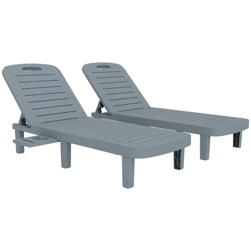 Outsunny Set de 2 șezlonguri, șezlonguri cu tăvi retractabile, înclinabile, suprafață efect lemn, 62 x 158 x 88 cm, gri Reducere de preț
