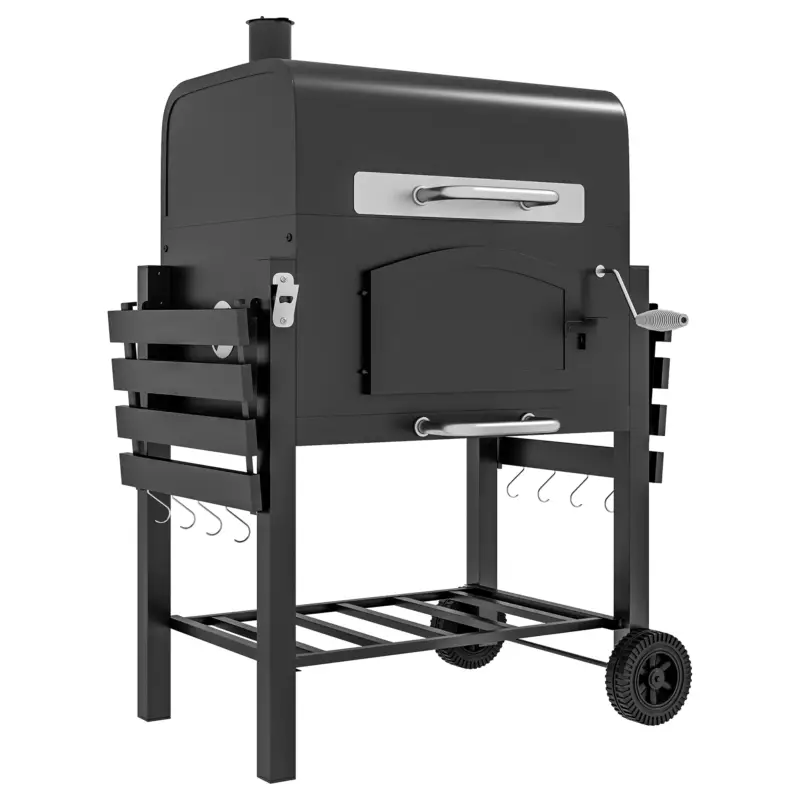 Promoție Outsunny Grătar de Grădină pe 2 Roți cu Grilaj, Afumător și Arzător, din Metal și Fontă, 124x66x112 cm, Negru