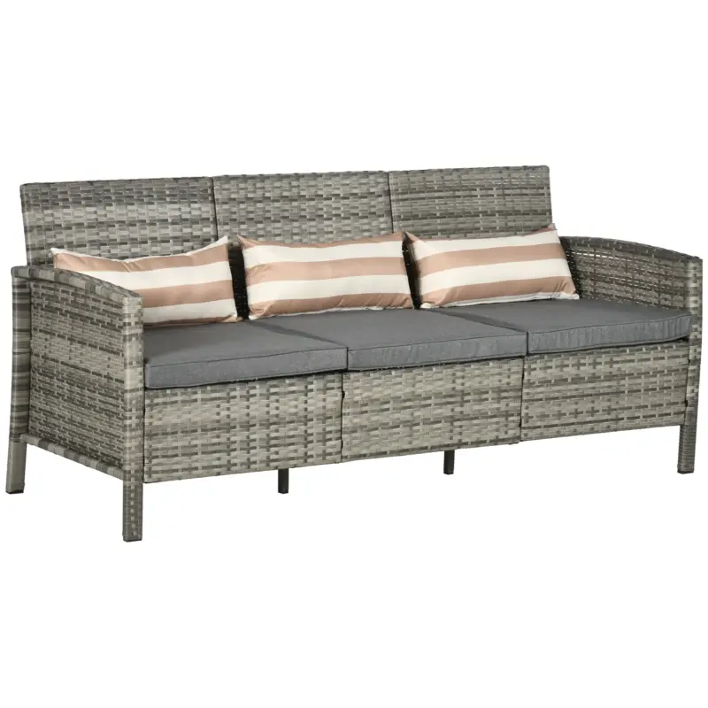 Promoție Outsunny Canapea pentru Exterior Gradina sau Terasa cu 3 locuri dim Ratan cu perne si dungi, Gri 173x68x78cm
