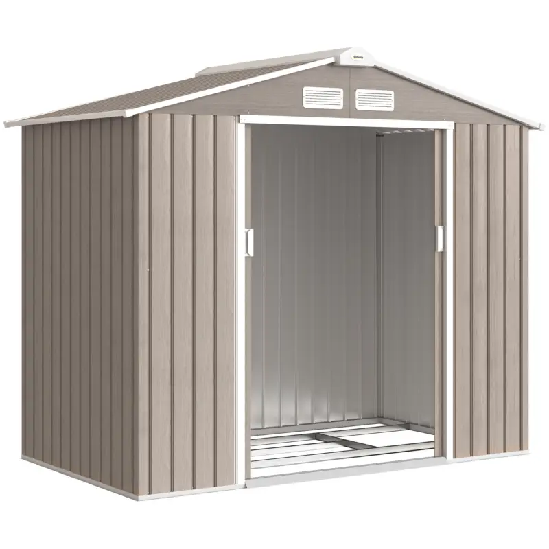 Outsunny Căsuță de Grădină din Metal cu Guri de Aerisire și Uși Duble Culisante, 2,1x1,3m, Maro Deschis Retur ușor