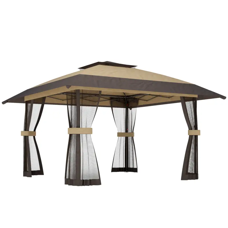 Outsunny Gazebo pliabil 4x4 m cu 4 plase laterale anti-țânțari, acoperiș dublu și saci cu nisip, culoare kaki și maro Ultima șansă