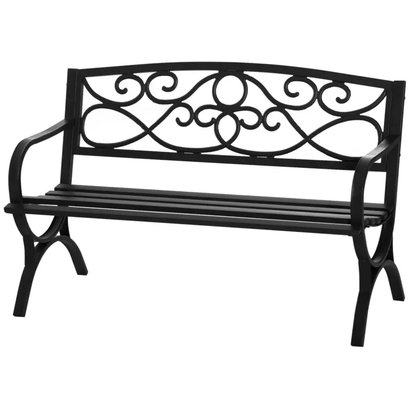 Livrare gratuită Outsunny Bancuta pentru gradina 2 locuri din otel si fonta cu brate si decoratiune, 128x58.5x85cm, negru