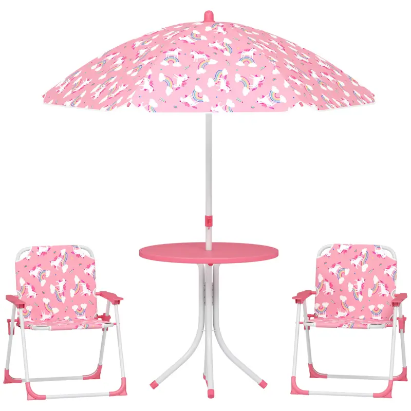 Plată securizată AIYAPLAY Masă de Picnic pentru Copii, Set Masă și Scaune cu 2 Scaune Pliabile și Umbrelă Detasabilă, Temă Junglă, Mobilier de Exterior pentru Grădină, Patio, Roz