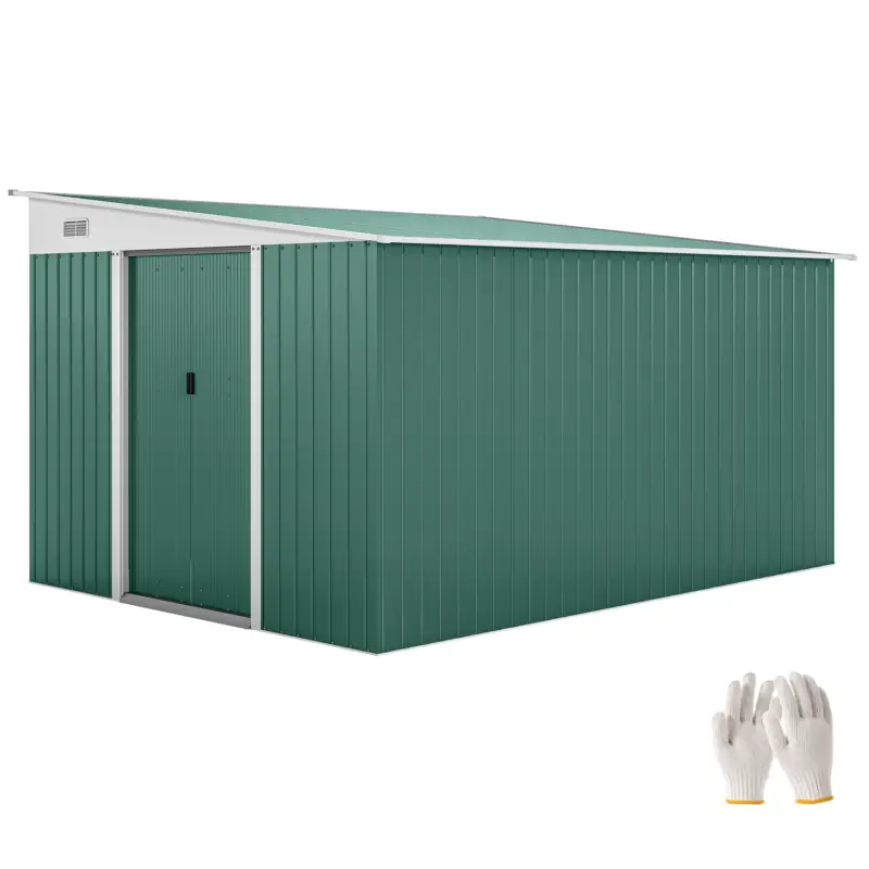 Chilipir Outsunny Magazie de Gradina cu Ușa Glisantă si Orificii de Aerisire, din Oțel Galvanizat, 345x280,5x169-201cm, Verde