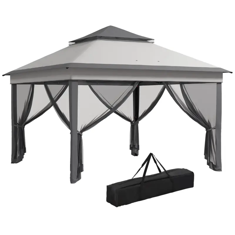 Gazebo Outsunny cu Plase Reglabil pe 3 Nivele, din Oțel și Material Oxford, 326x326x272 cm, Gri Deschis și Închis Ofertă limitată