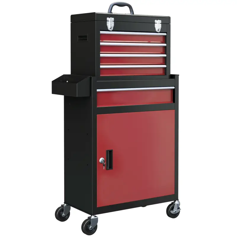 Livrare expres HOMCOM Dulap Rulant pe Roți pentru Scule, cu 5 Sertare și Dulap, Comodă Portabilă pentru Scule, Dulap cu Role, 60x28x102 cm, Roșu
