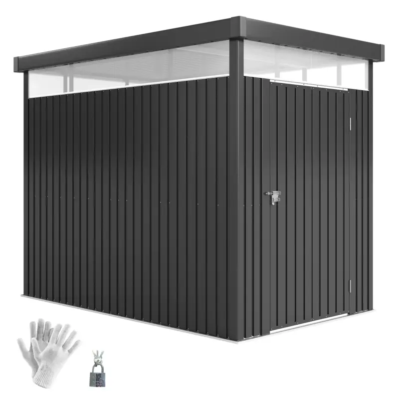 Ofertă Outsunny Magazie de Grădină cu Luminator Superior din Acril și Orificii de Drenaj, 162x259x201 cm, Gri Închis