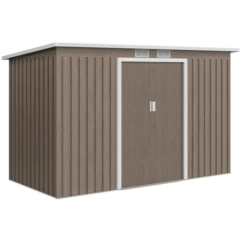Ofertă de sezon Outsunny Depozit de Grădină din Oțel cu 2 Ventilații și 2 Uși Glisante, 280x130x172 cm, Maro Lemn