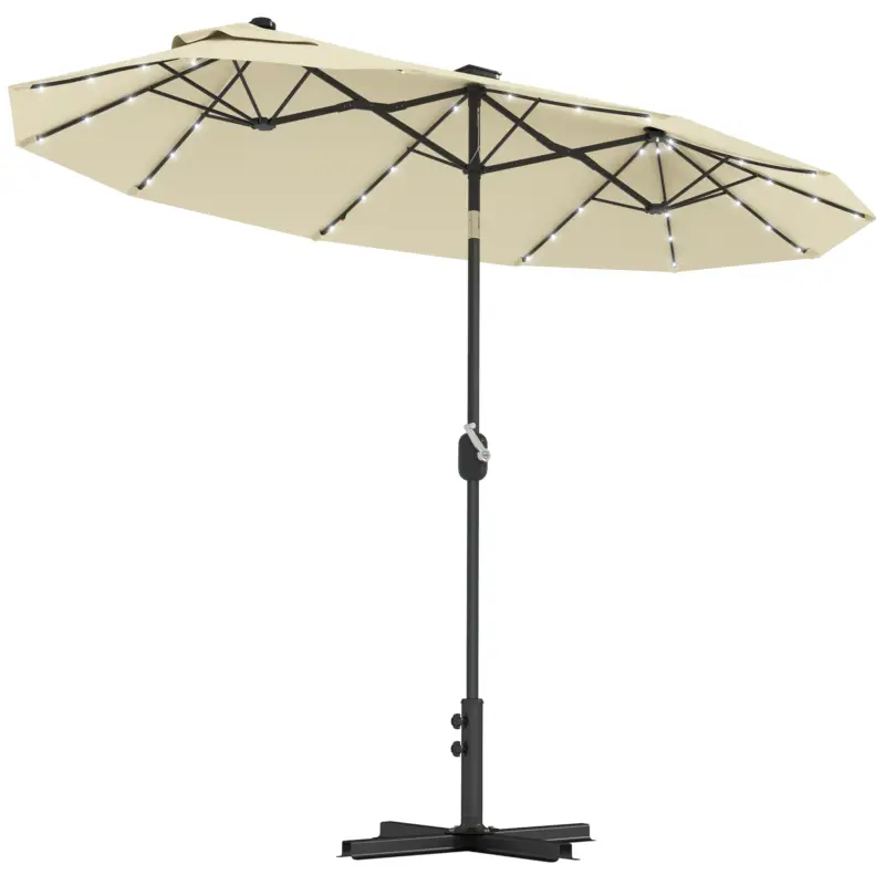 Transport gratuit Outsunny Umbrelă Dublă cu Lumini LED și Bază în Formă de Cruce, din Poliester și Oțel, 295x150x219 cm, Alb Crem