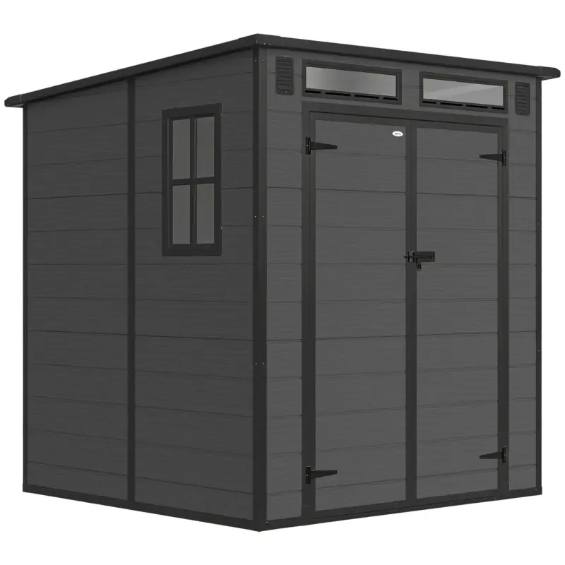 Plată sigură Outsunny Magazie de Grădină 2.89m² din PP și Aluminiu cu Podea, Depozit Grădină cu Uși Duble cu Încuietoare, Aerisiri, 3 Ferestre, Acoperiș Înclinat, Mănuși, Gri Închis