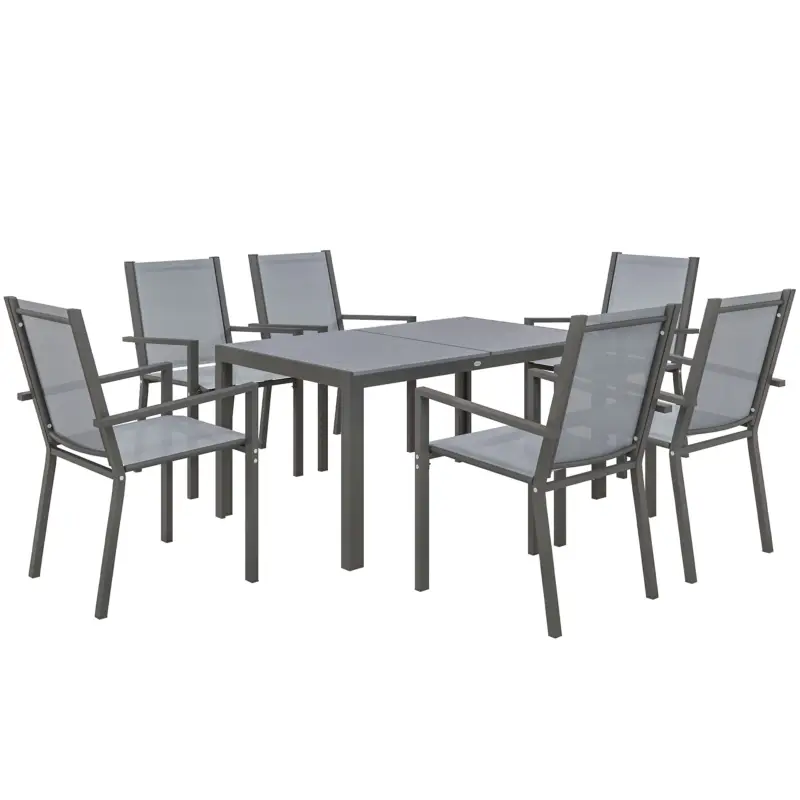 Outsunny Set de Mobilier de Grădină cu 7 Piese, Masă și 6 Scaune Stivuibile, Mobilier din Oțel Textilen, Gri Deschis Preț promoțional