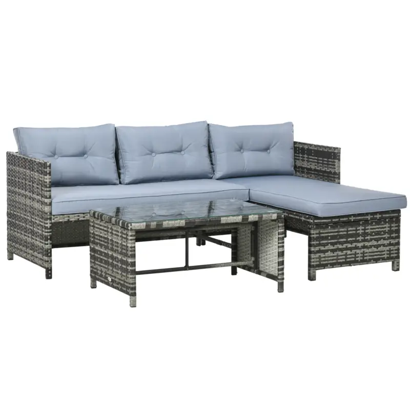 Chilipir Outsunny Mobilier pentru gradina cu canapea 2 locuri, sezlong si masuta, set pentru gradina din ratan PE si geam cu perne, gri