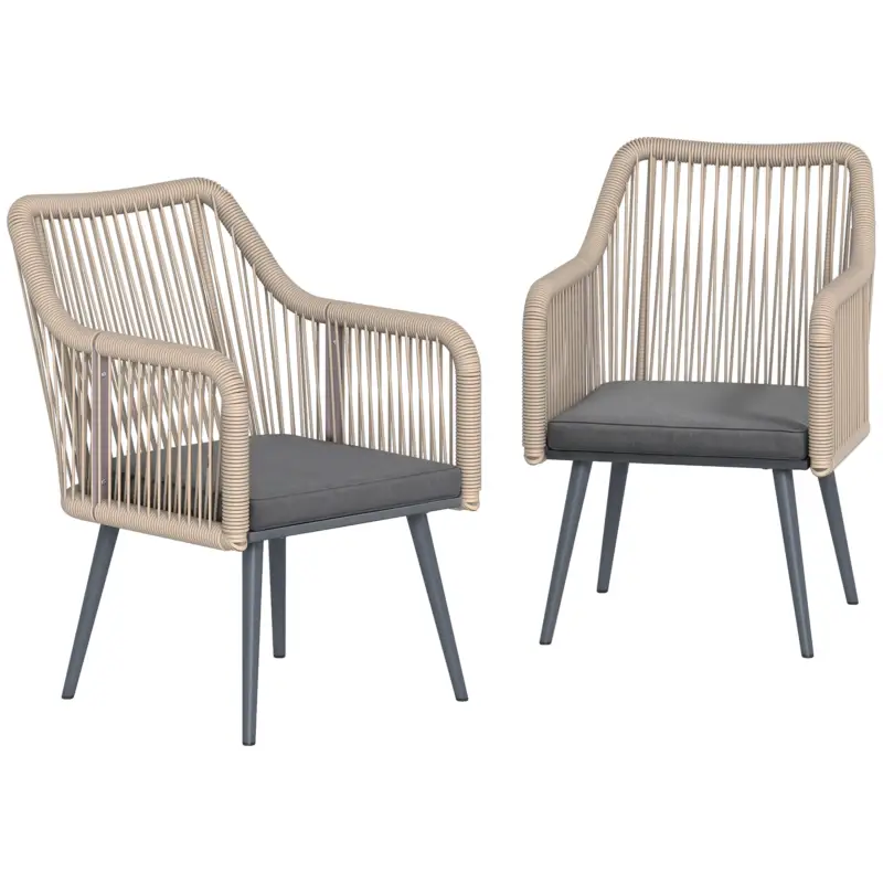 Outsunny Set 2 Scaune de Grădină din Ratan PE cu Perne Moi Lavabile și Brațe, Scaune pentru Dining Exterior din Oțel, pentru Terasă, Balcon, Grădină, Exterior, 54x65x80cm, Gri Închis Doar azi