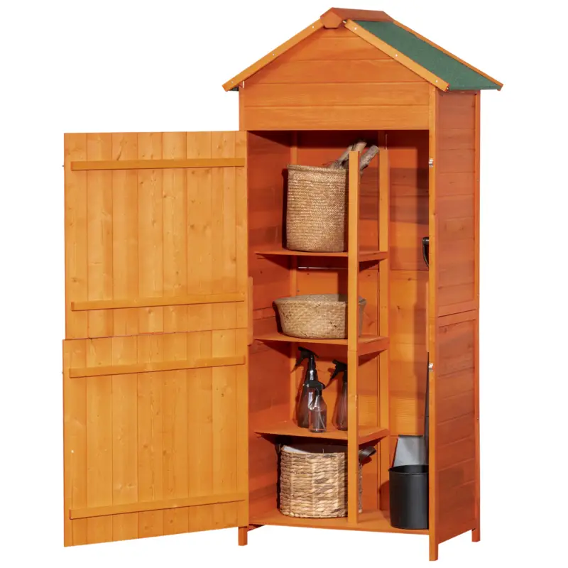 Outsunny Căsuță din Lemn pentru Grădină, Dulap Exterior pentru Unelte cu 2 Uși și 3 Rafturi, 84x52x188cm Vezi acum