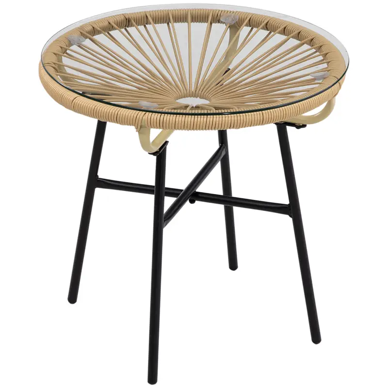 Outsunny Masa laterala din ratan, Masuta rotunda de cafea pentru exterior, cu ratan rotund PE si blat din sticla securizata pentru terasa, gradina, balcon, negru Super ofertă