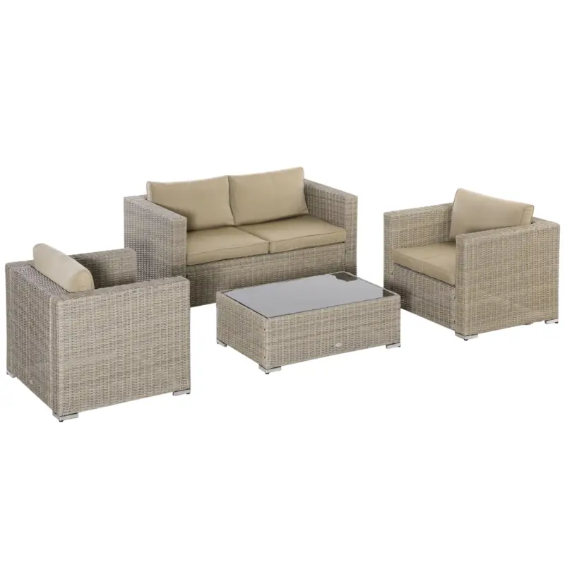 Outsunny Set Mobila de Gradina 4 Piese din Ratan PE, Salon de Exterior cu 1 Canapea, 2 Fotolii, 1 Masuta siPerne Detasabile si Lavabile, Kaki si Bej Cel mai bun preț