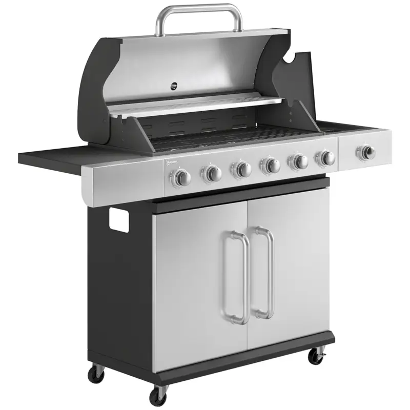 Outsunny Grătar pe Gaz, 6 Arzătoare, Arzător Lateral, Grilaj din Fontă, Dulap Inclus Cumpără online
