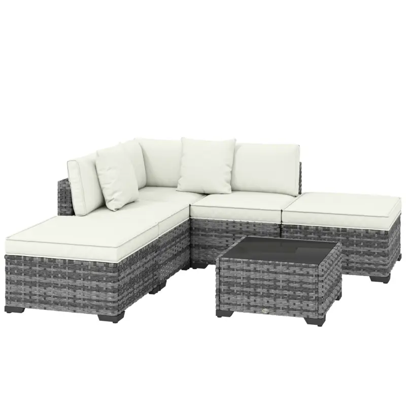 Reducere de preț Outsunny Set Mobilier de Grădină din Ratan, 6 Piese, Fotoliu Colțar, Canapele fără Brațe, Suporturi pentru Picioare și Măsuță, Gri Amestecat