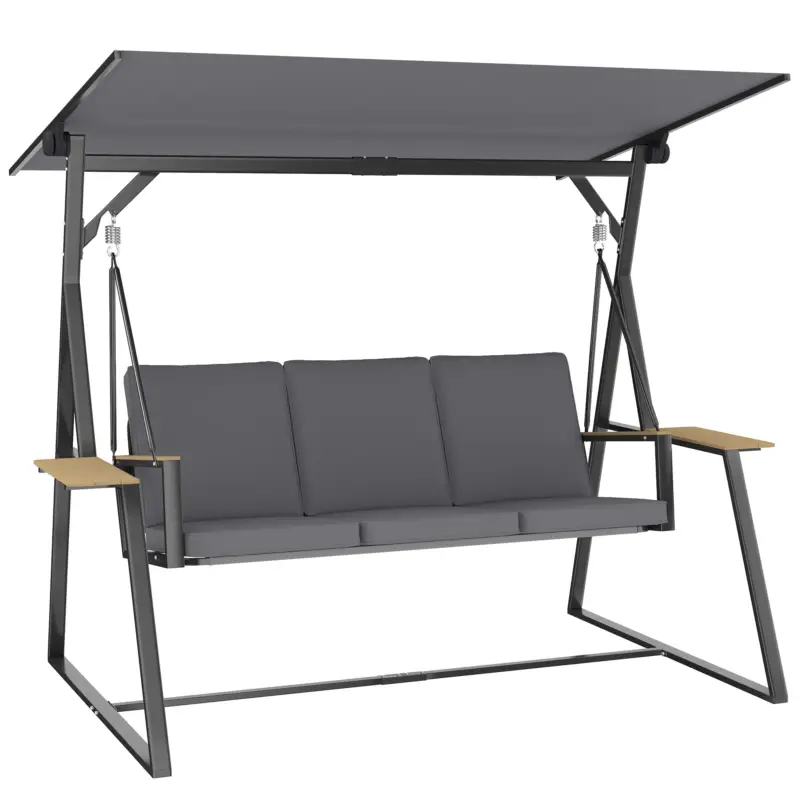 Outsunny Balansoar exterior de grădină cu 3 locuri, acoperiș reglabil, 2 tăvi, perne și cadru metalic, sarcină 360 kg, gri Preț mic