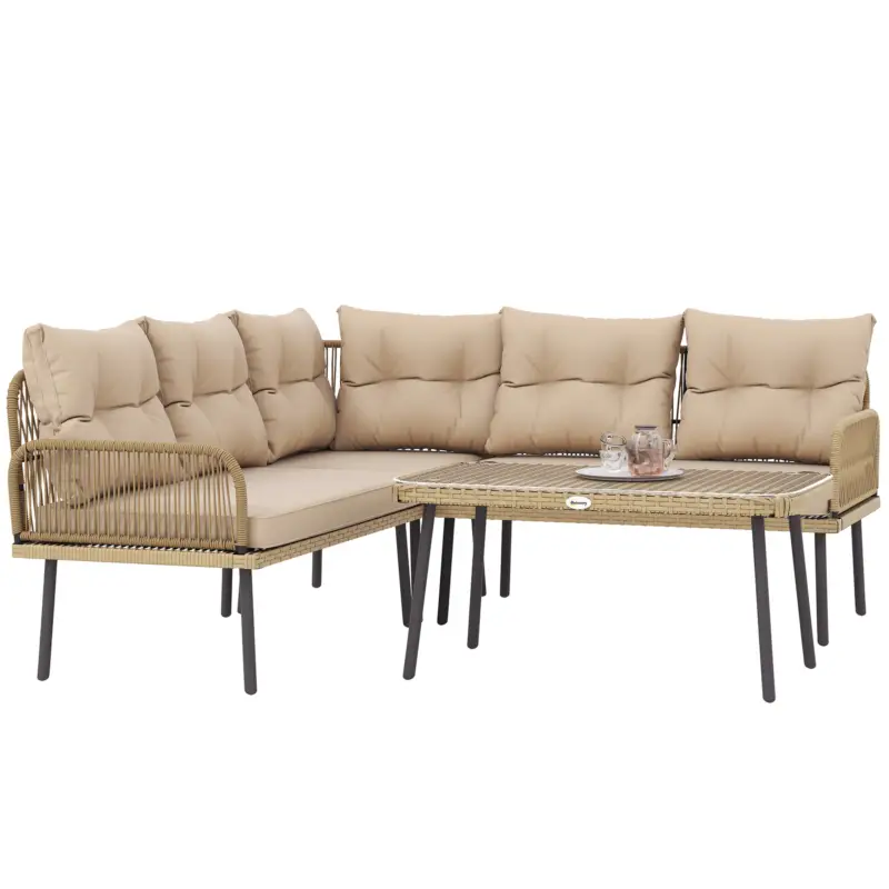 Outsunny Set de Mobilier de Grădină din 4 Piese cu 2 Canapele,Fotoliu de Colț și Măsuță de Cafea, 100x68x74 cm, Bej Mai ieftin