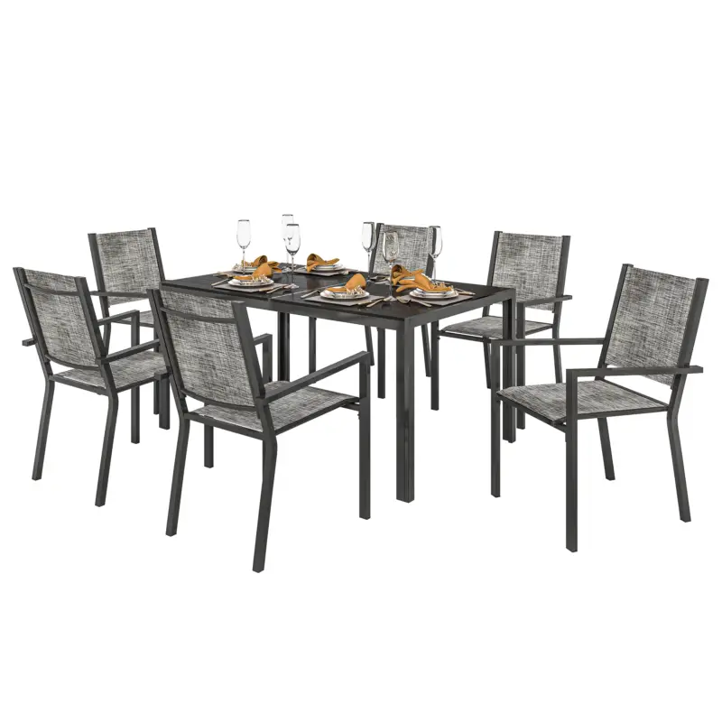 Outsunny Set Masă de Grădină cu Scaune, 7 Piese, Set de Prânz cu Masă cu Blat din Lemn Compozit cu Șipci și 6 Scaune de Exterior Stivuibile, Mobilier din Oțel cu Texteline, Gri și Negru Livrare expres