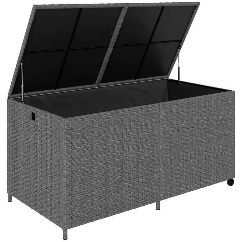 Outsunny Cutie pentru perne din rattan 650 L rezistentă la intemperii rezistent UV cu capac roți spațiu depozitare 150 x 75 x 74 cm Gri închis Promoție