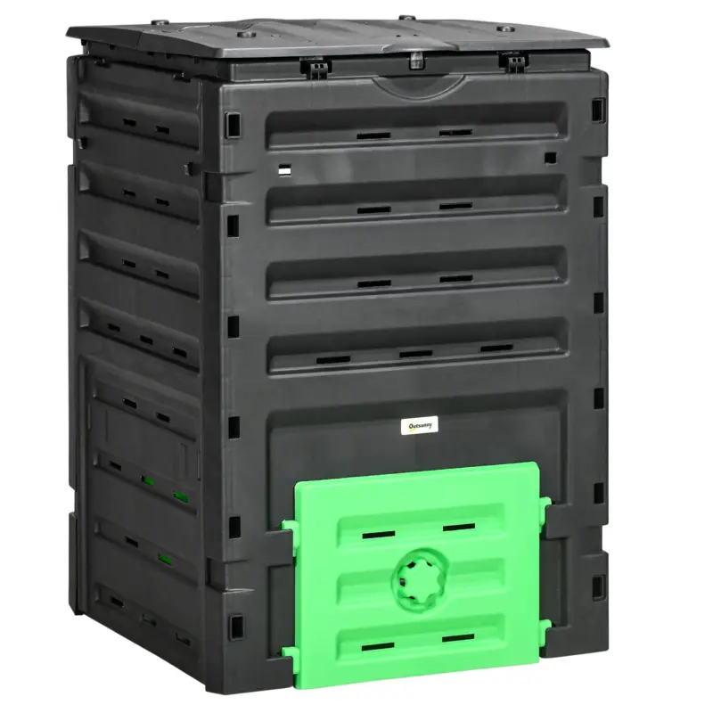 Comandă acum Outsunny Compostor de grădină 450 L, recipient pentru compost, 80 de aerisiri și 2 uși glisante, 69 x 71 x 103 cm, negru