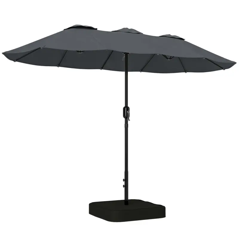 Doar azi Outsunny Umbrelă Dublă cu 12 Spițe, Manivelă, Bază Metalică și Saci de Nisip, din Metal și Poliester, 3x1.5 m, Gri Închis