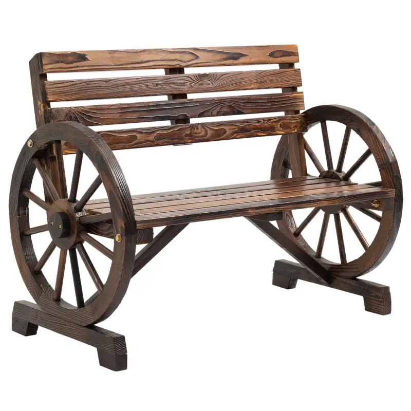 Outsunny Bancă de grădină cu 2 locuri, șipci din lemn, brațe în formă de roată de căruță, 105,5x56x79 cm, maro ars Retur ușor
